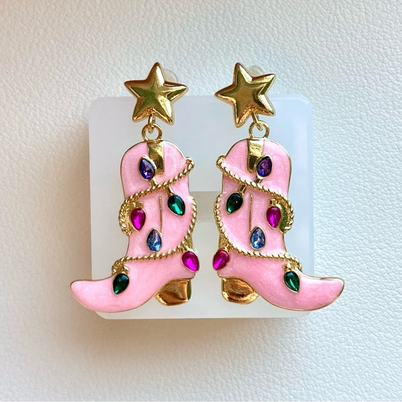 Jewelry - Pink Star Top Cowboy Boot Earrings with Multicolor Gems